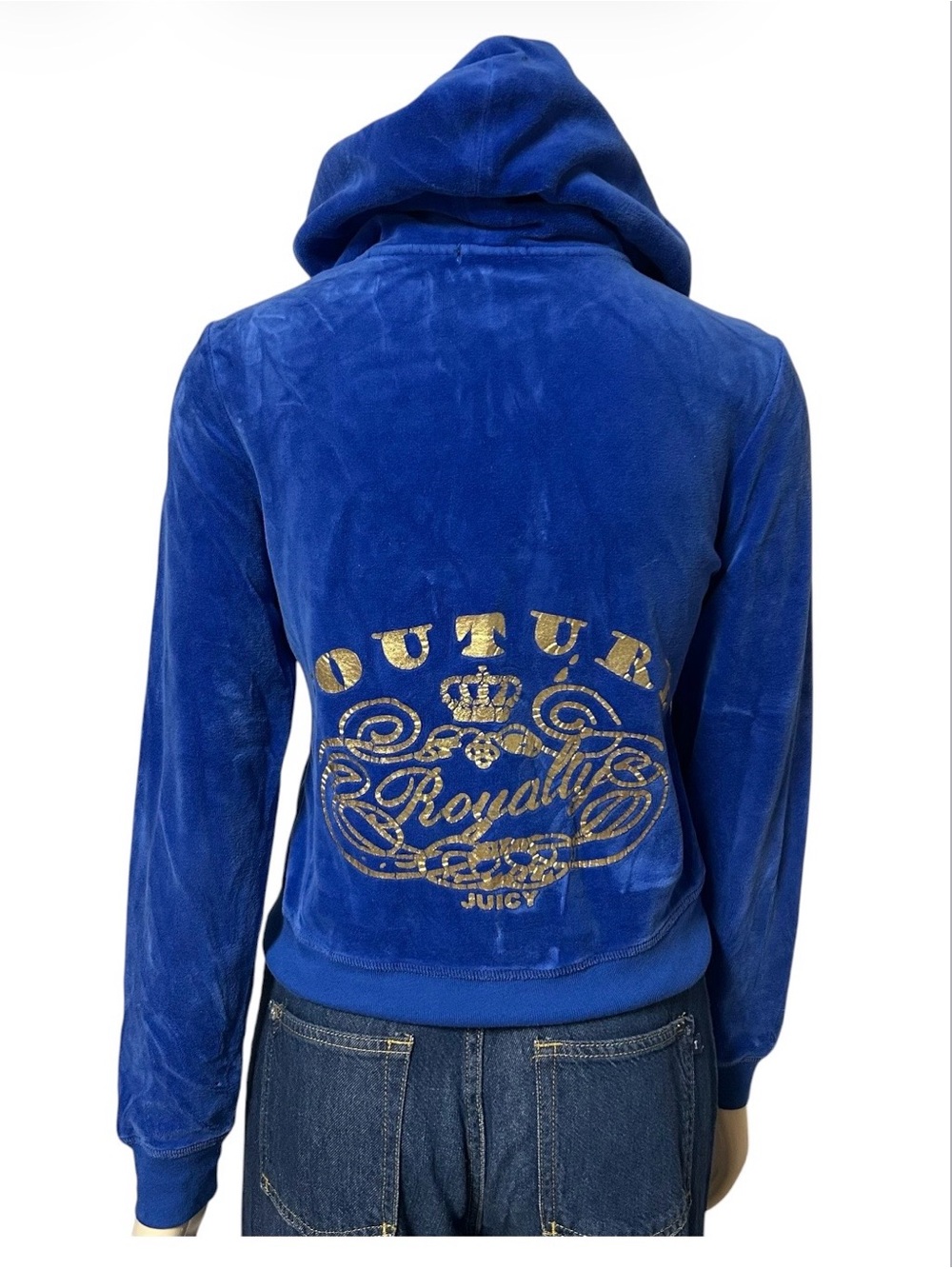 Juicy Couture Y2K Royalty Blue Velour Zip Up Hoodie Jacket Womens Medium Crown